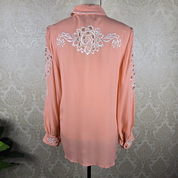 Bob Mackie Wearable Art Size Medium Peach 100% Silk Blouse with Eyelet Cutouts - Picture 9 of 14